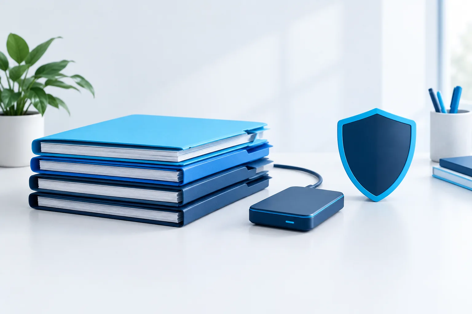 Blank folders and a backup drive arranged neatly on a light desk.