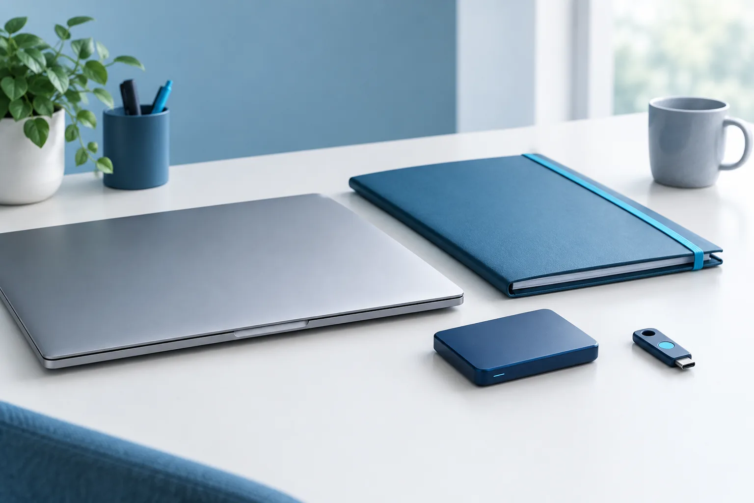 A laptop, backup device, and neatly arranged folder on an office desk.