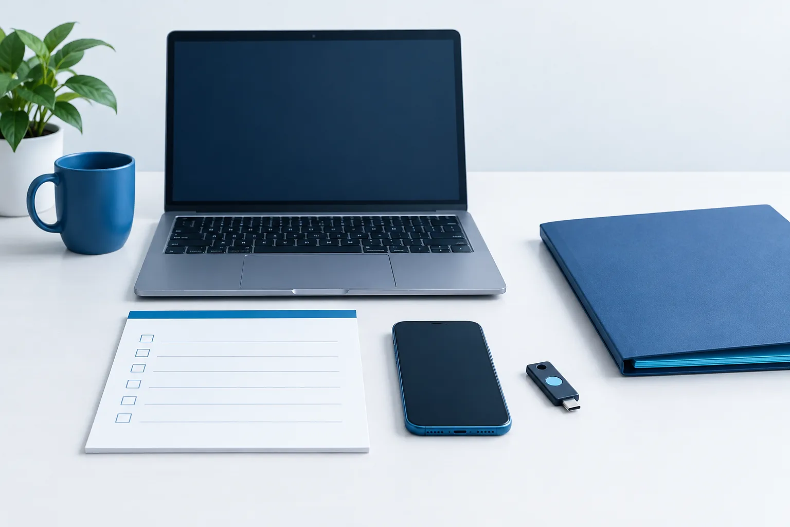 A laptop, phone, security key, and closed folder arranged on an office desk.