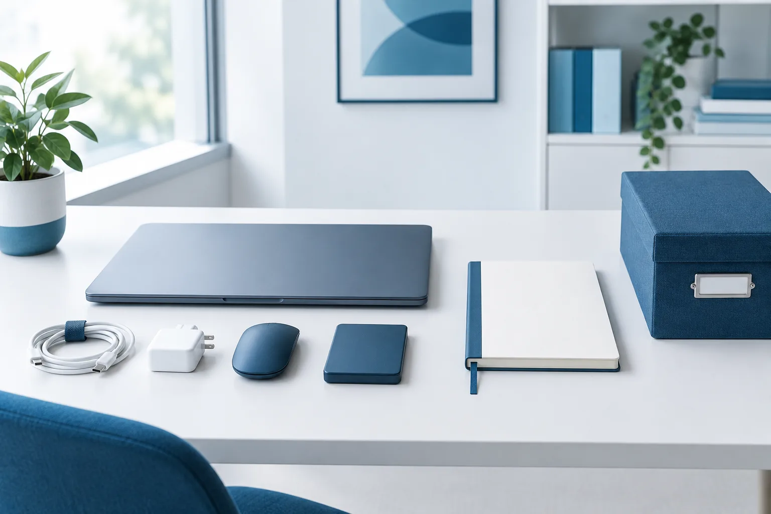 A closed laptop and neatly arranged accessories on a clean desk prepared for an employee handoff.