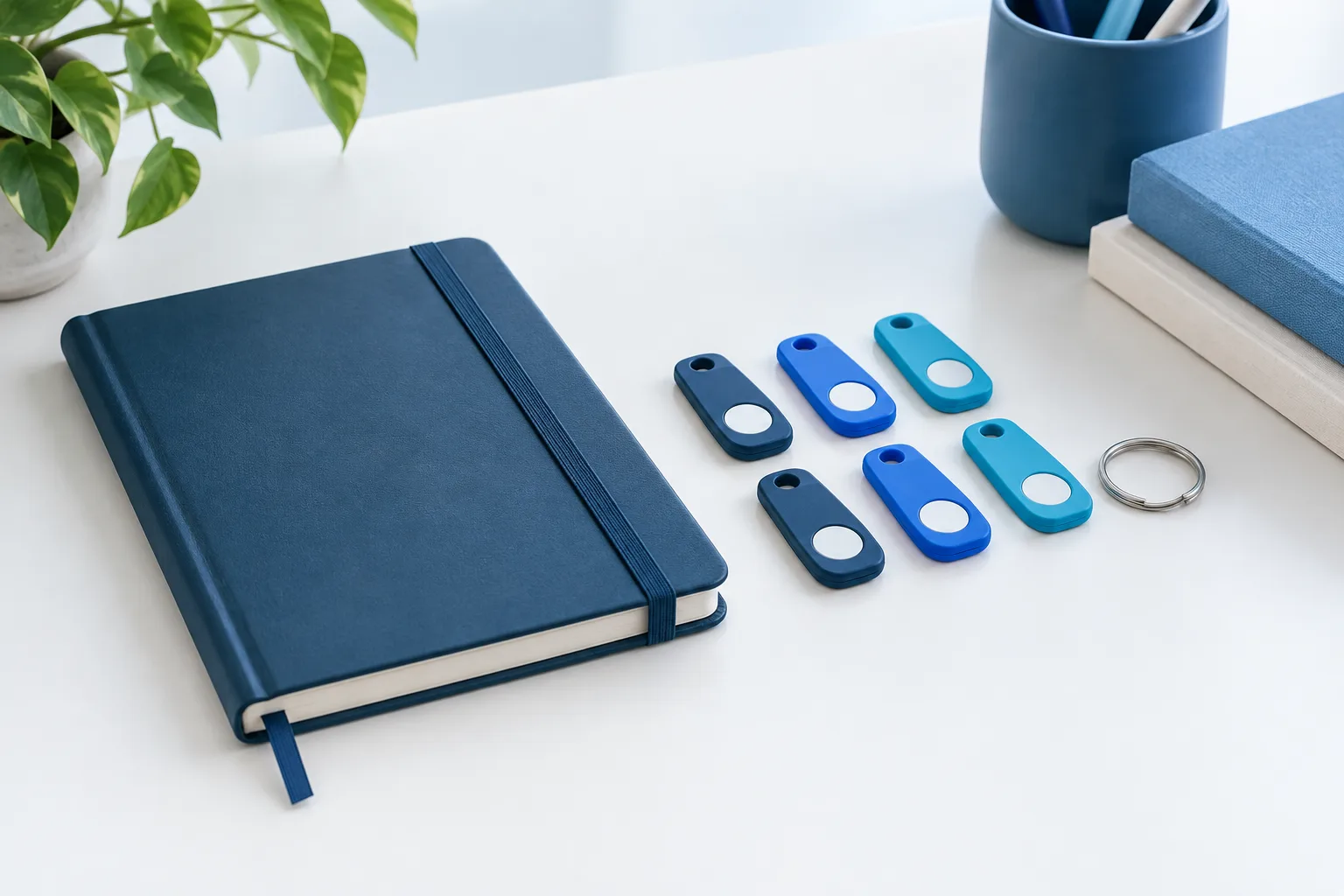 Blank notebook and security tokens arranged on a neat office desk.